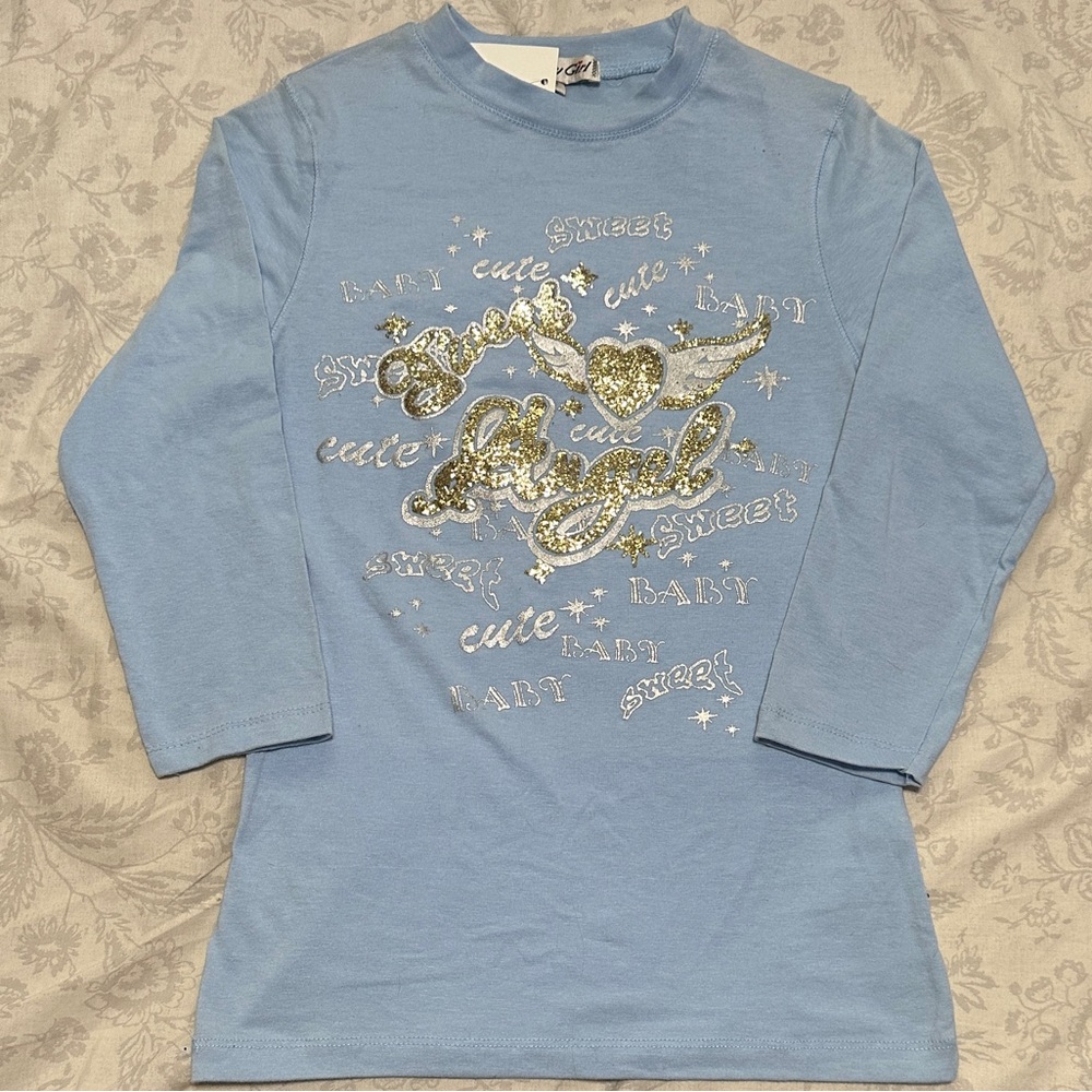 Vintage Y2K "Sweet Angel" Baby Blue 3/4 sleeve Baby Tee